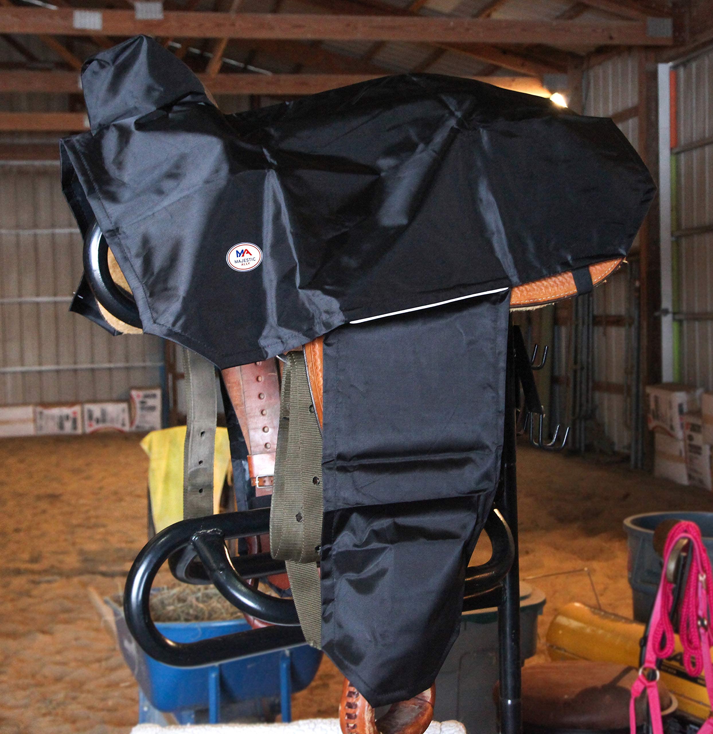 Majestic Ally 1000D Waterproof Reflective Western Saddle Cover - Elastic Straps to Securely Attach Each Corners and Fenders - Fits Most Full-Size Western Saddle - 4 Colors Available (Black) - Image 4