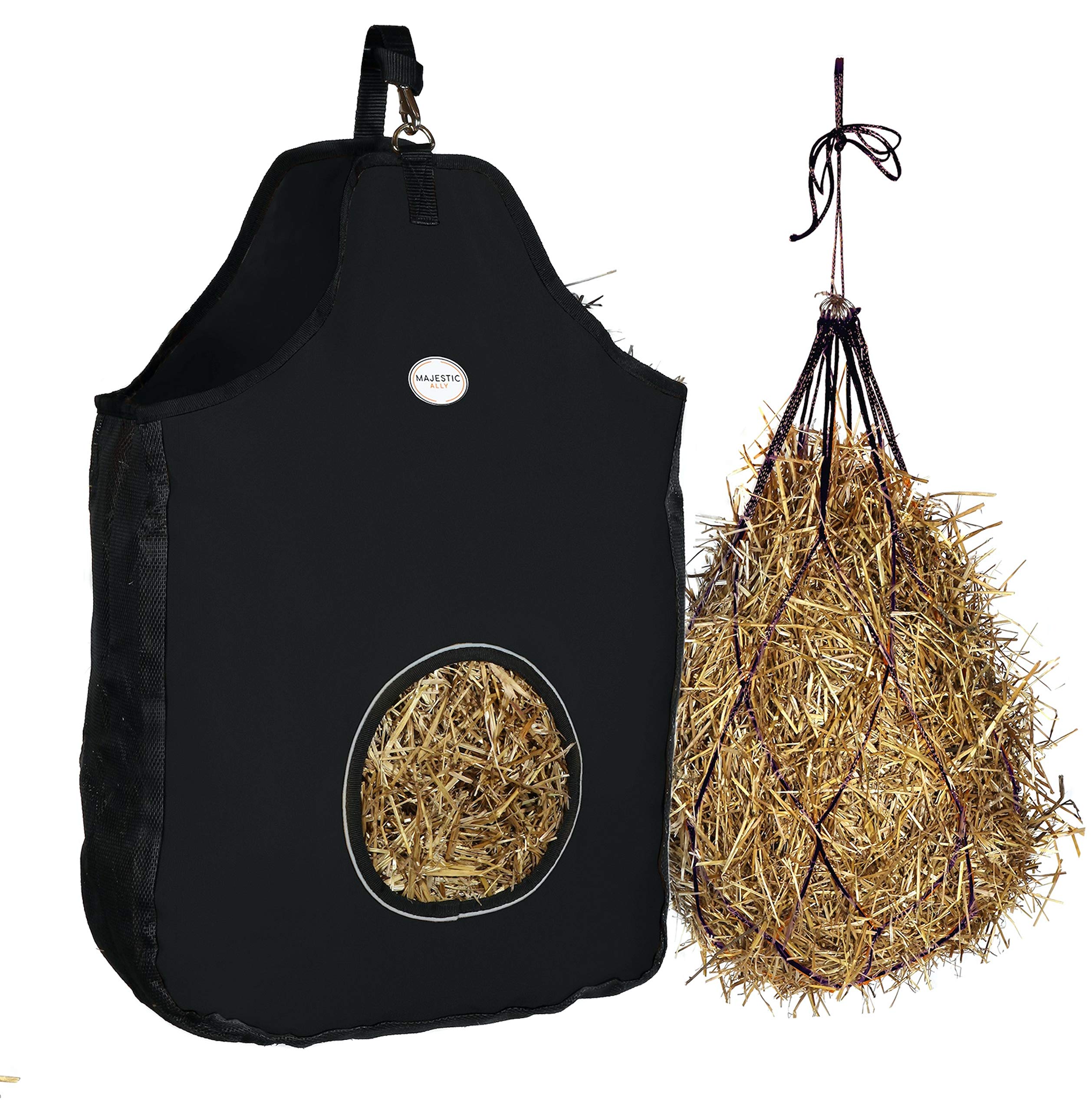 Majestic Ally 1200 D Hay Feeder Tote bag for Horses, Sheep with Reflective Trim- Reduces Waste - comes with 36” Hay Net. (Black) - Image 8
