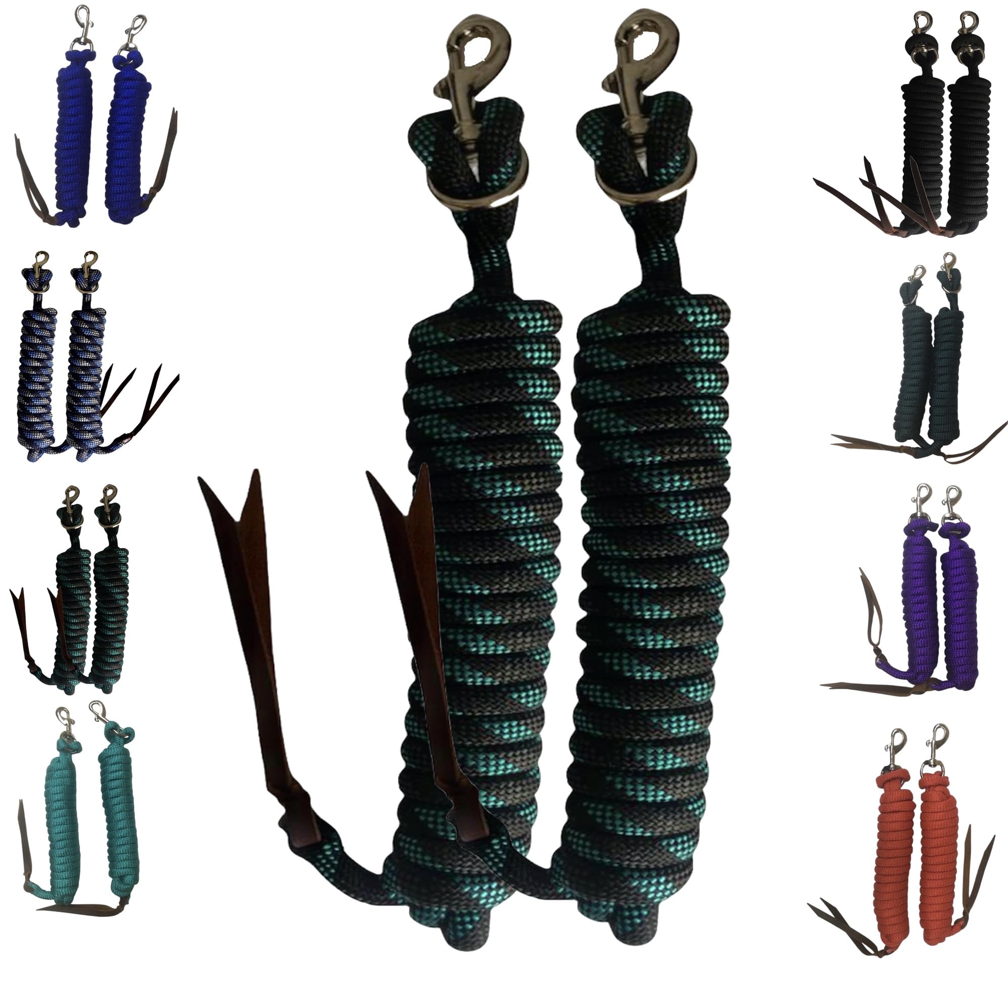 Majestic Ally 14' Pack of 2 Poly Training Lead Rope with Leather Popper for Horses & Livestock – 14 Foot Long and 5/8 inch Thick - Replaceable Heavy-Duty Bolt Snap (Turquoise-Gray-Black) - Image 3