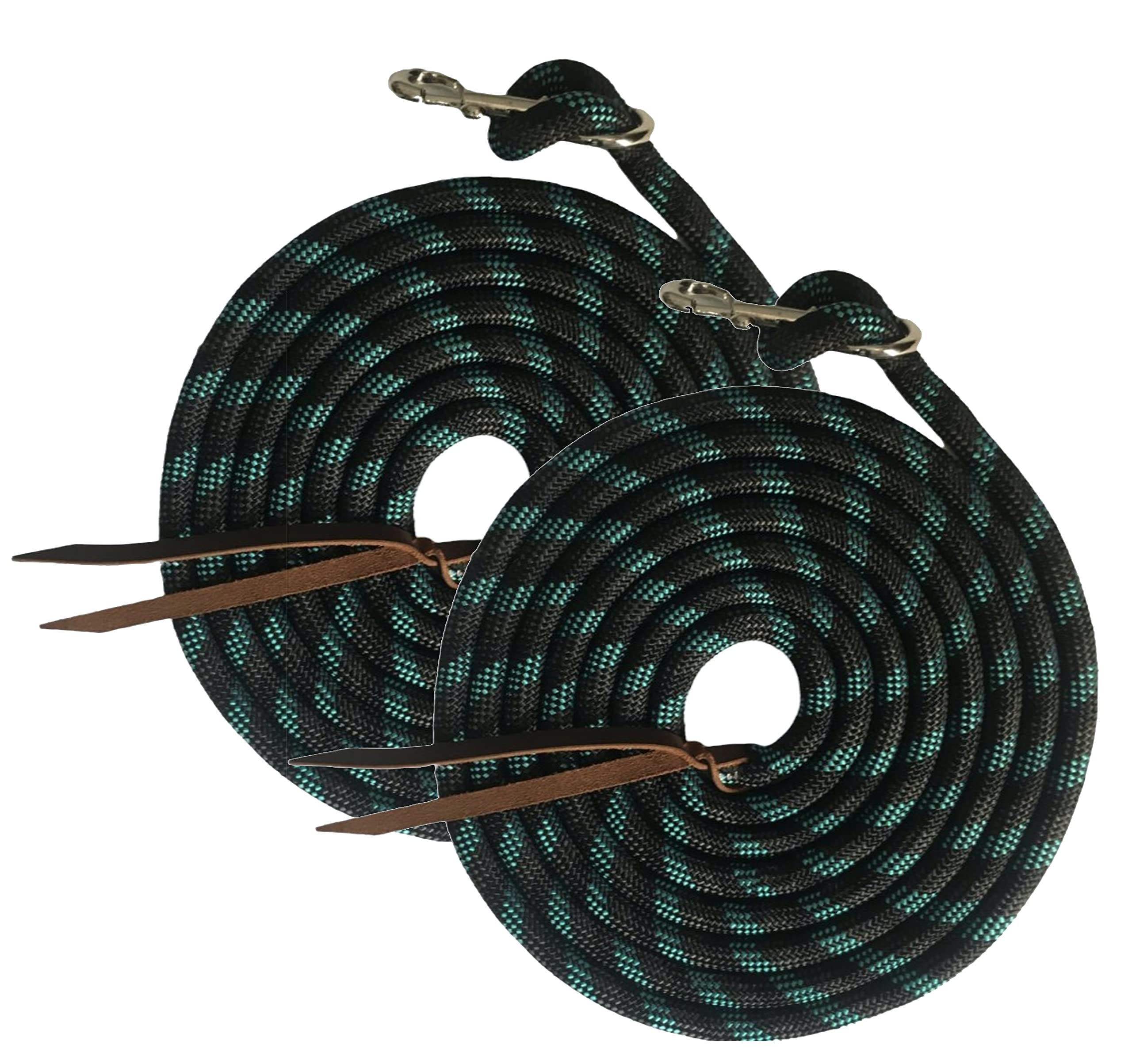 Majestic Ally 14' Pack of 2 Poly Training Lead Rope with Leather Popper for Horses & Livestock – 14 Foot Long and 5/8 inch Thick - Replaceable Heavy-Duty Bolt Snap (Turquoise-Gray-Black) - Image 6