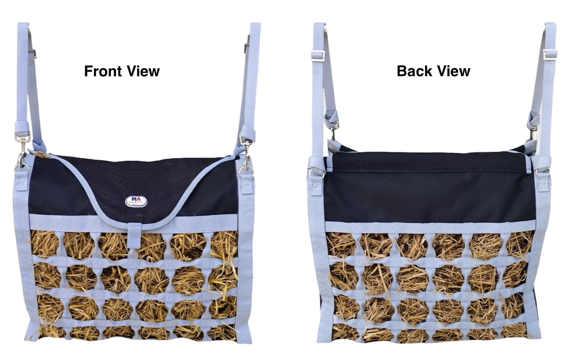 Majestic Ally Animal Health Hay Bag for Horses, 2.5" Holes, Top Load, Travel Feeder, Reduces Waste, 1 Year Warranty, Multiple Colors (Gray-Black) - Image 3