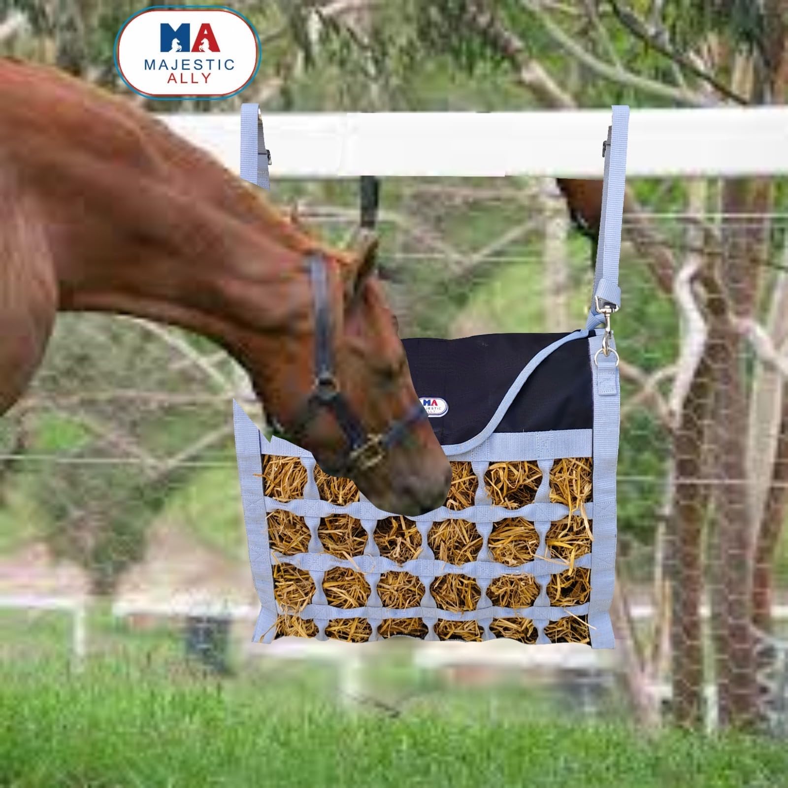 Majestic Ally Animal Health Hay Bag for Horses, 2.5" Holes, Top Load, Travel Feeder, Reduces Waste, 1 Year Warranty, Multiple Colors (Gray-Black) - Image 4