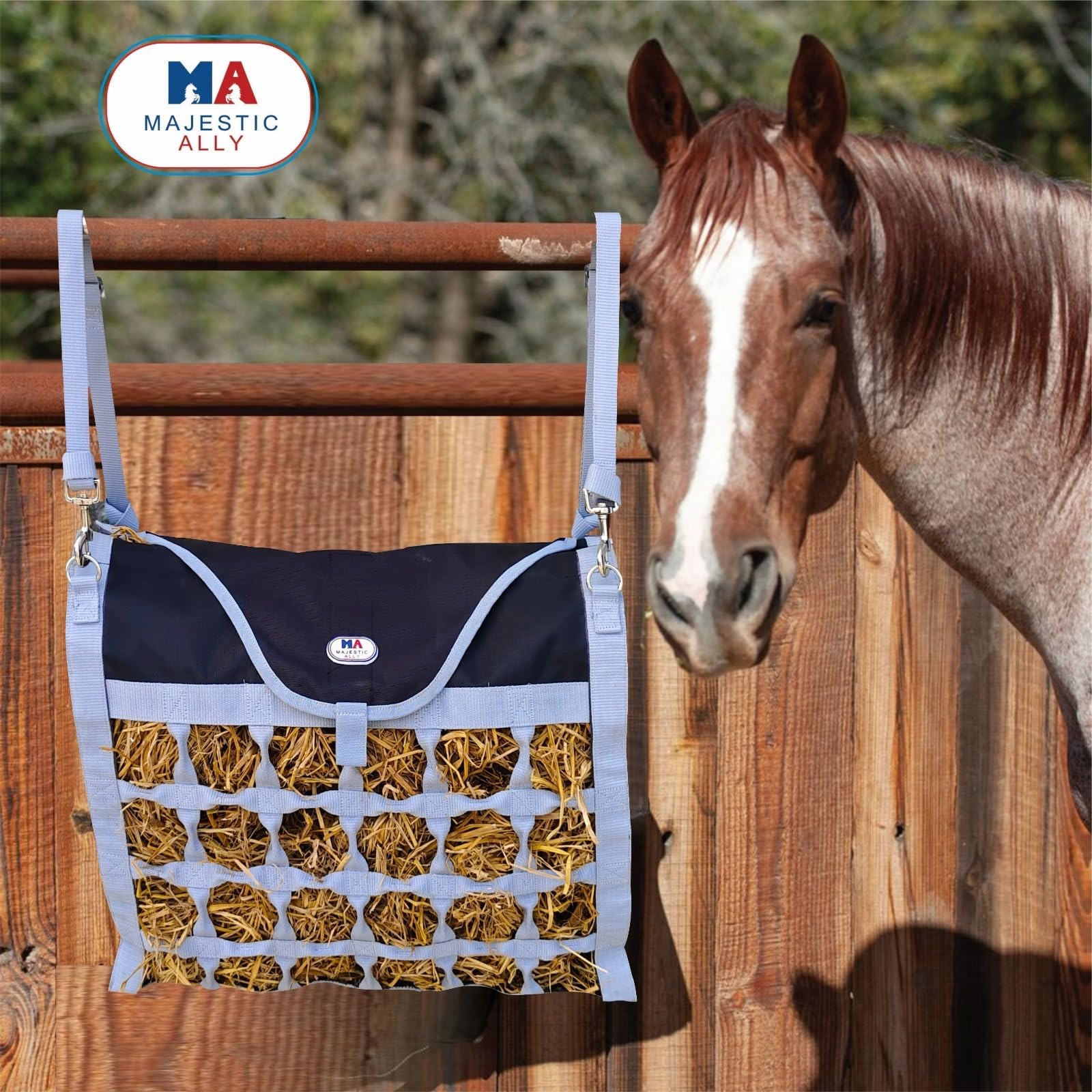 Majestic Ally Animal Health Hay Bag for Horses, 2.5" Holes, Top Load, Travel Feeder, Reduces Waste, 1 Year Warranty, Multiple Colors (Gray-Black) - Image 5