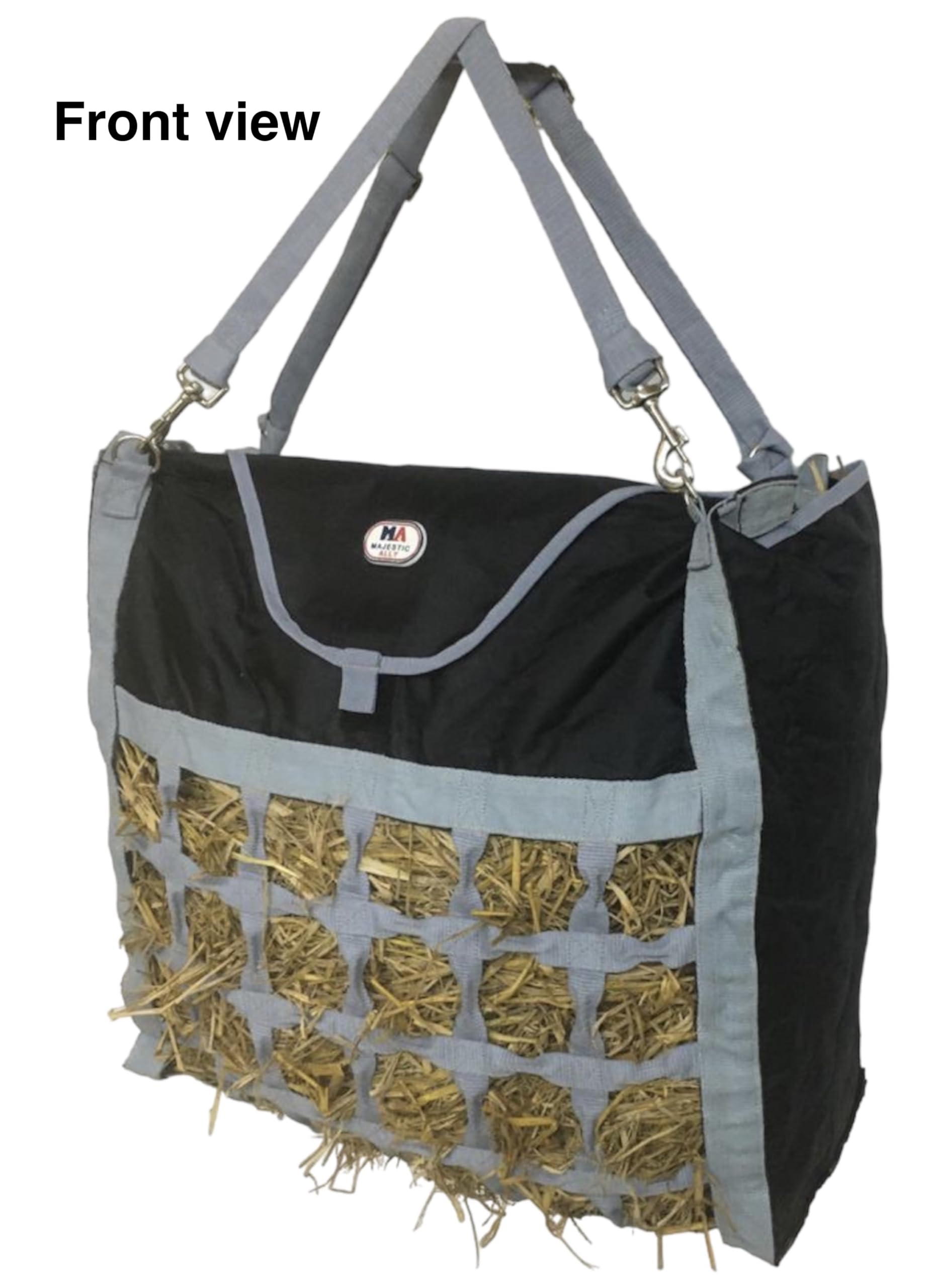 Majestic Ally Animal Health Hay Bag for Horses, 2.5" Holes, Top Load, Travel Feeder, Reduces Waste, 1 Year Warranty, Multiple Colors (Gray-Black) - Image 7