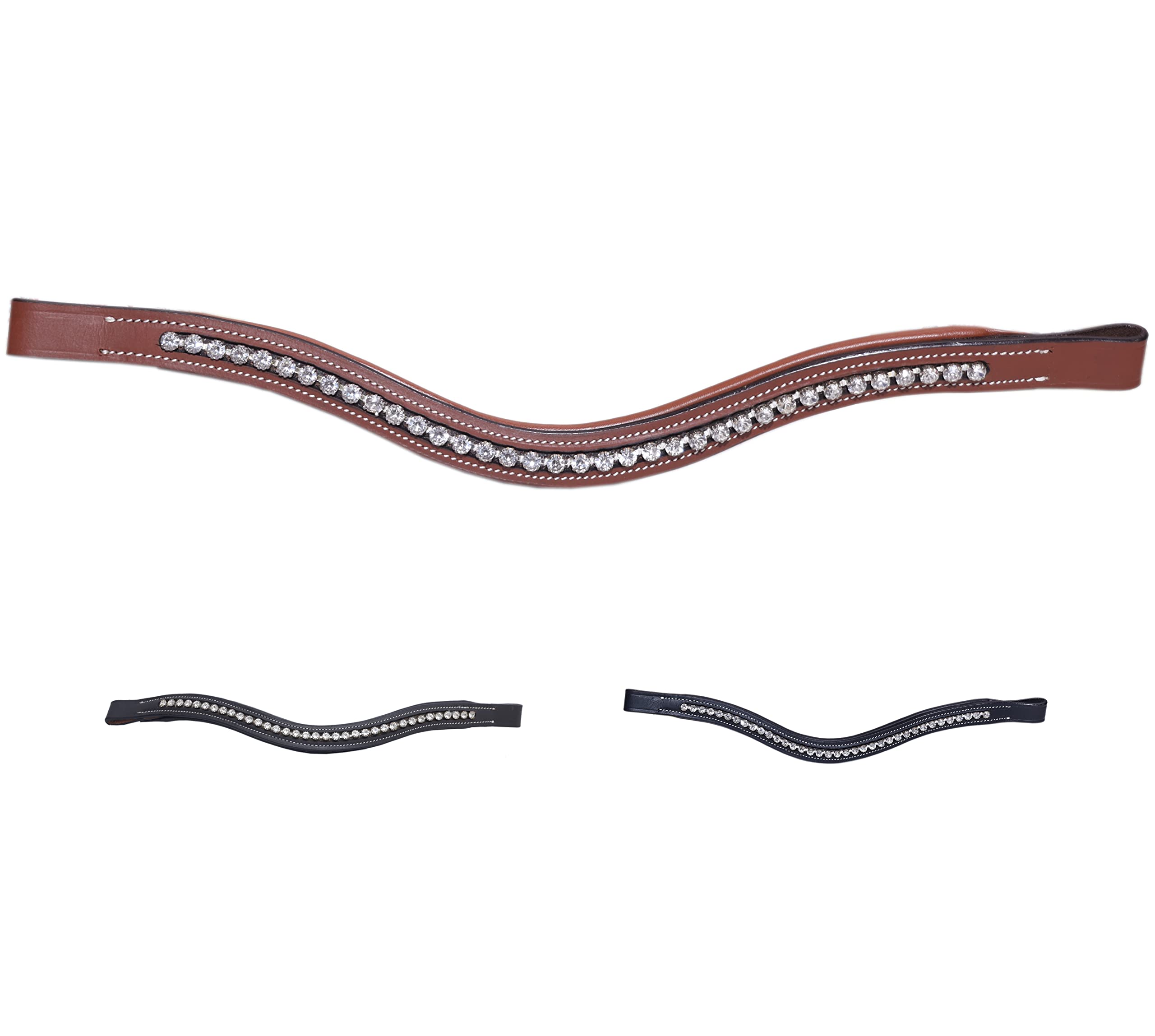 Majestic Ally Curved Crystal Padded Premium Leather English Browband for Horse Bridle (Chestnut) - Image 3