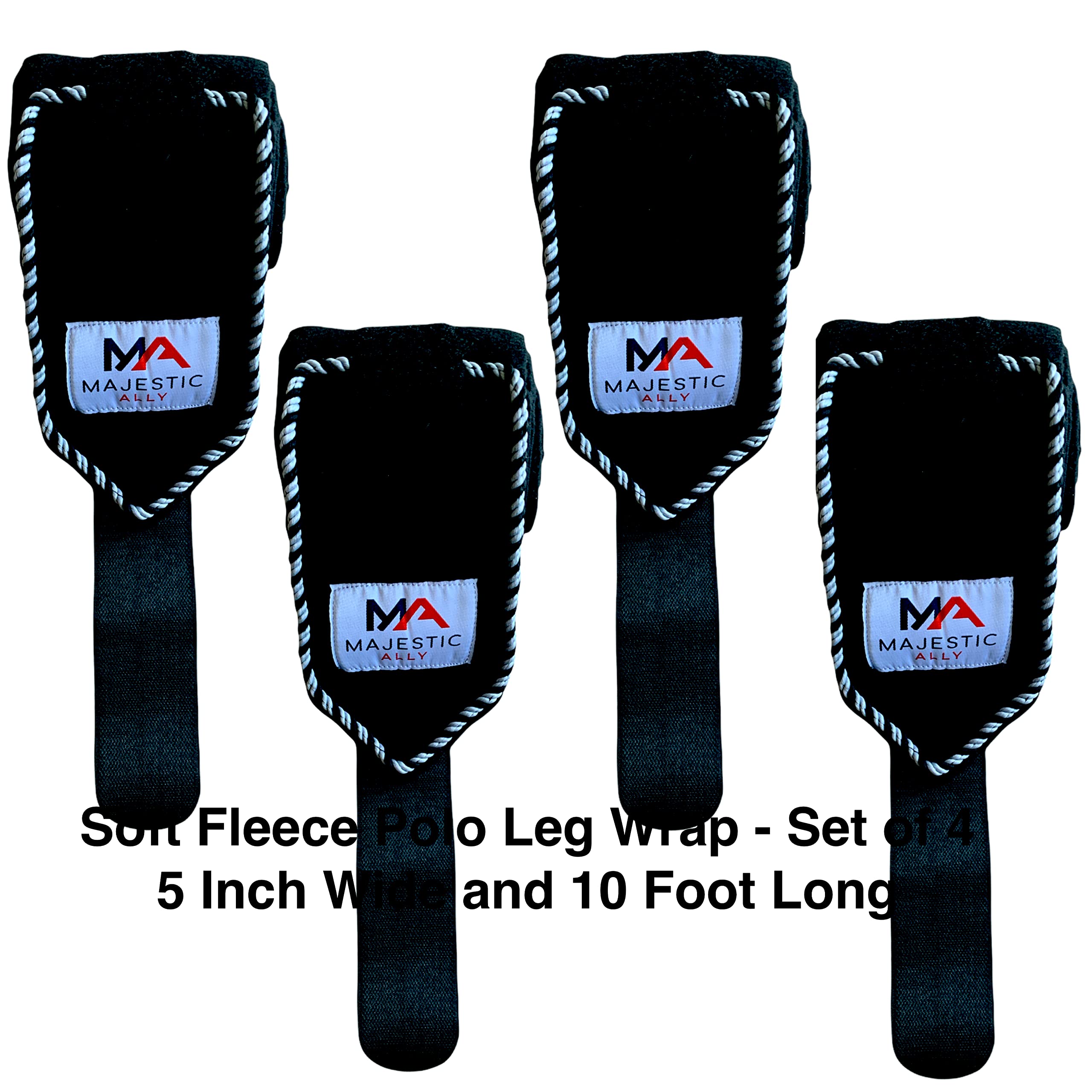 Majestic Ally Fleece Polo Leg Wraps with Braided Rope for Horses - Set of 4-10 Foot Long and 5 Inch Wide (Black) - Image 3