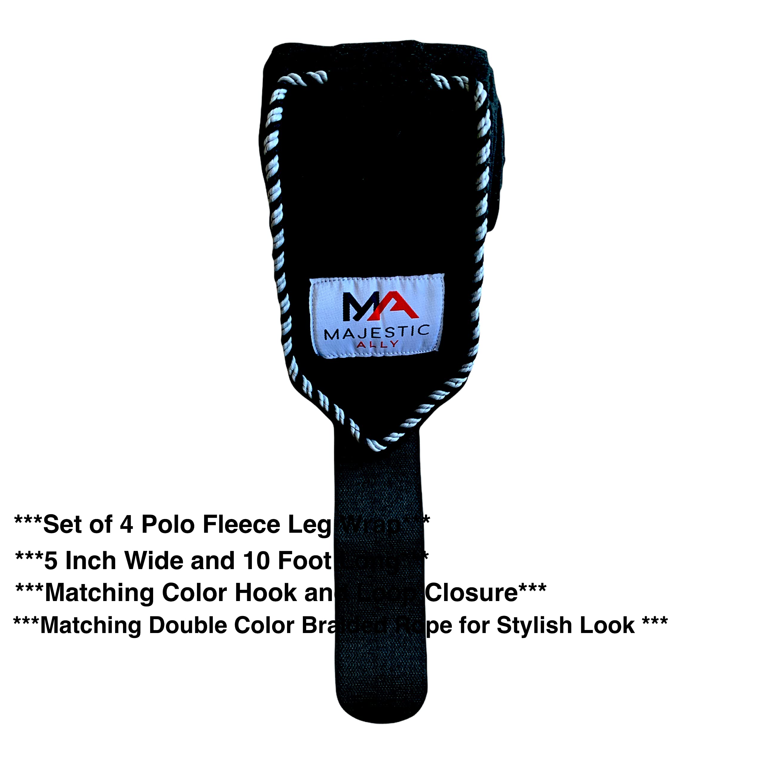 Majestic Ally Fleece Polo Leg Wraps with Braided Rope for Horses - Set of 4-10 Foot Long and 5 Inch Wide (Black) - Image 4