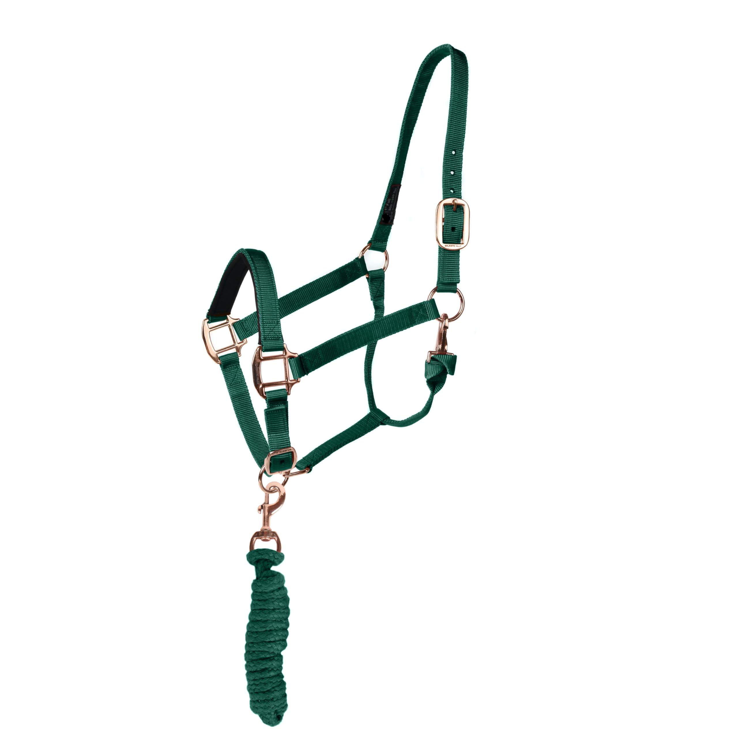 Majestic Ally Halter with Lead Rope for Horses–Adjustable Chin and Crown–Rolled Throat Latch with Replaceable Snap–Padded Noseband–Heavy Duty Rose Gold Finish Hardware - Image 3