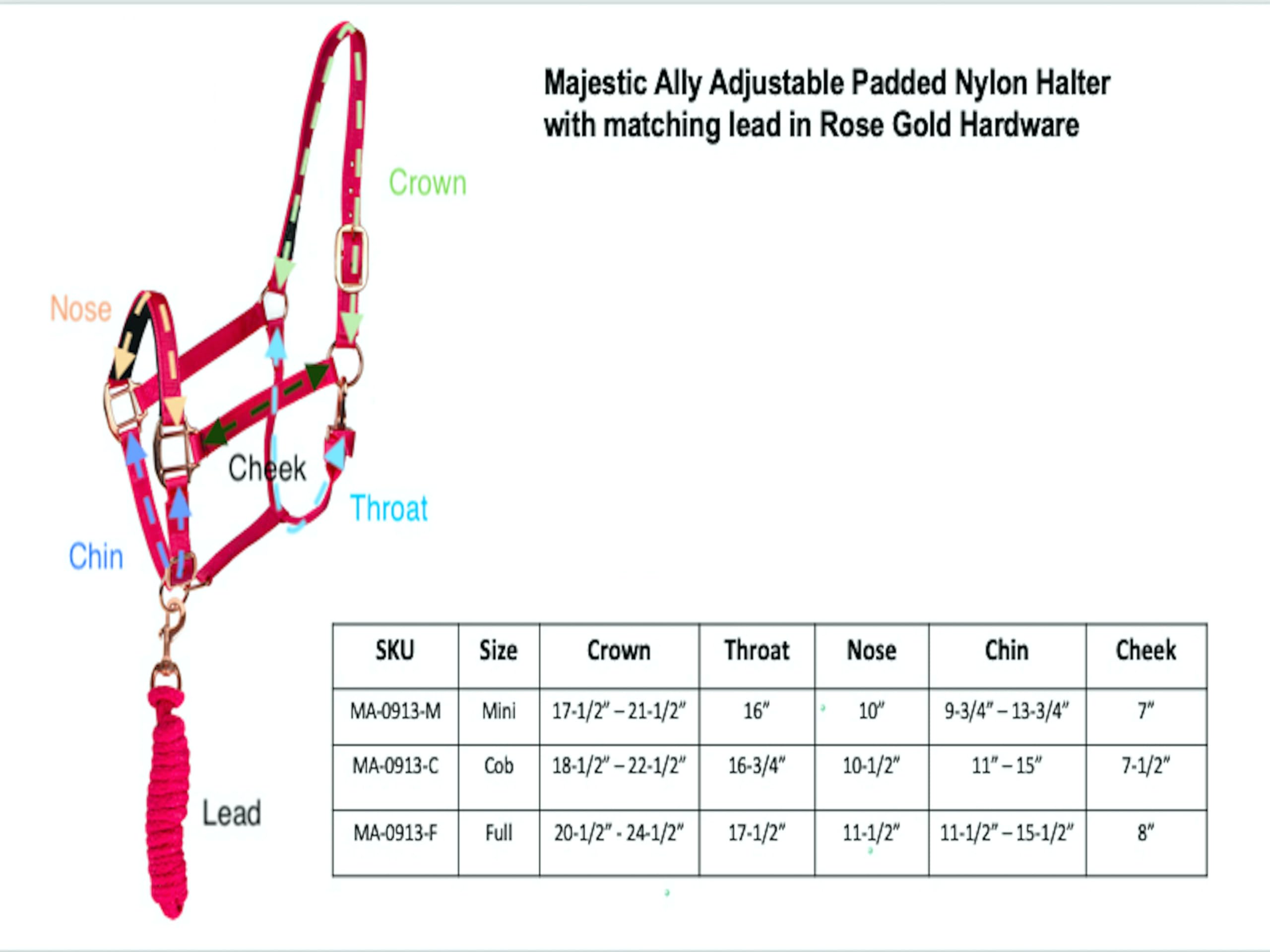 Majestic Ally Halter with Lead Rope for Horses–Adjustable Chin and Crown–Rolled Throat Latch with Replaceable Snap–Padded Noseband–Heavy Duty Rose Gold Finish Hardware - Image 5