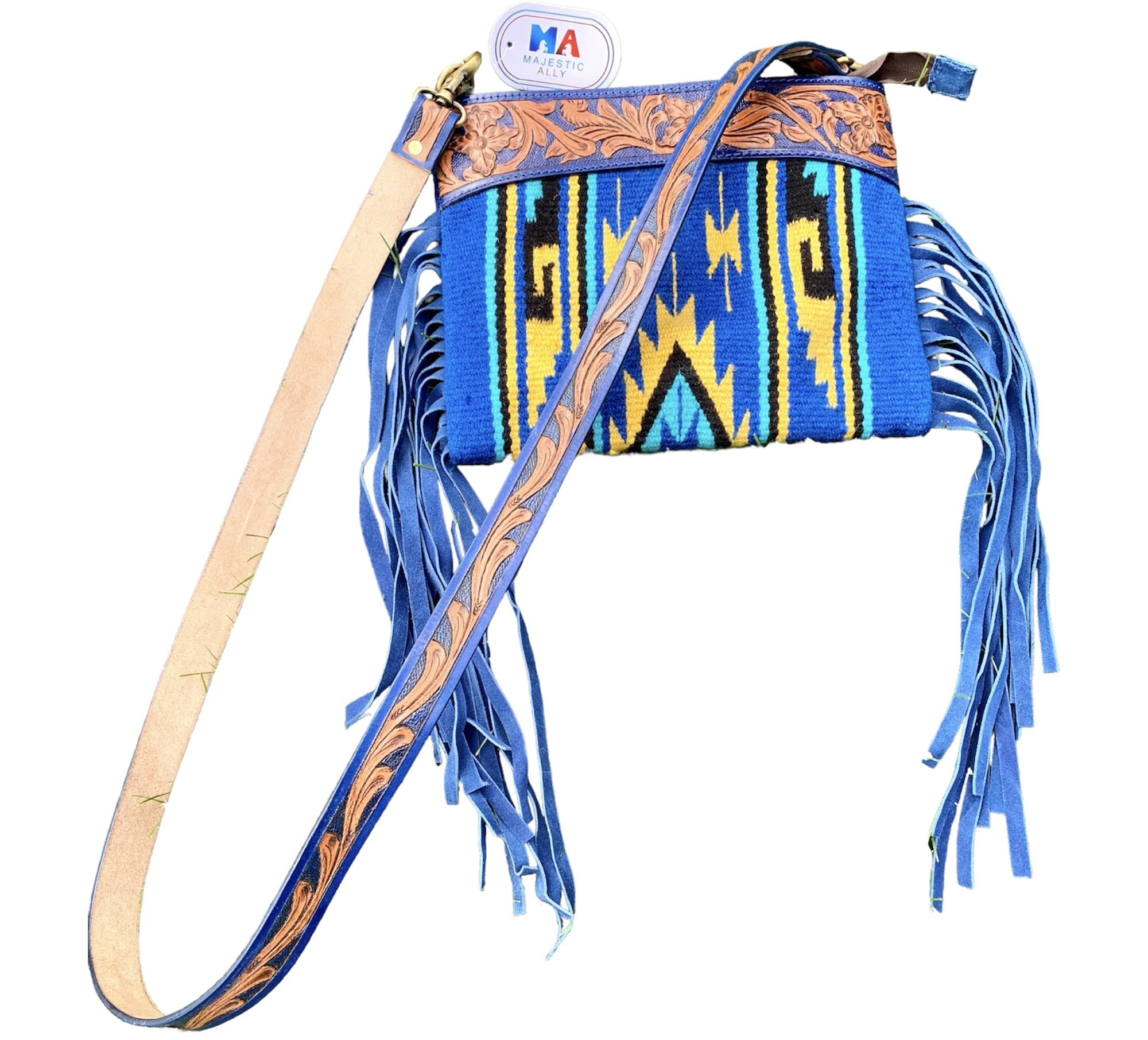 Majestic Ally Hand-Tooled Pure Leather Crossbody Bag, Crafted with Cashmere Wool and Enhanced by Coordinating Leather Fringe - Image 3