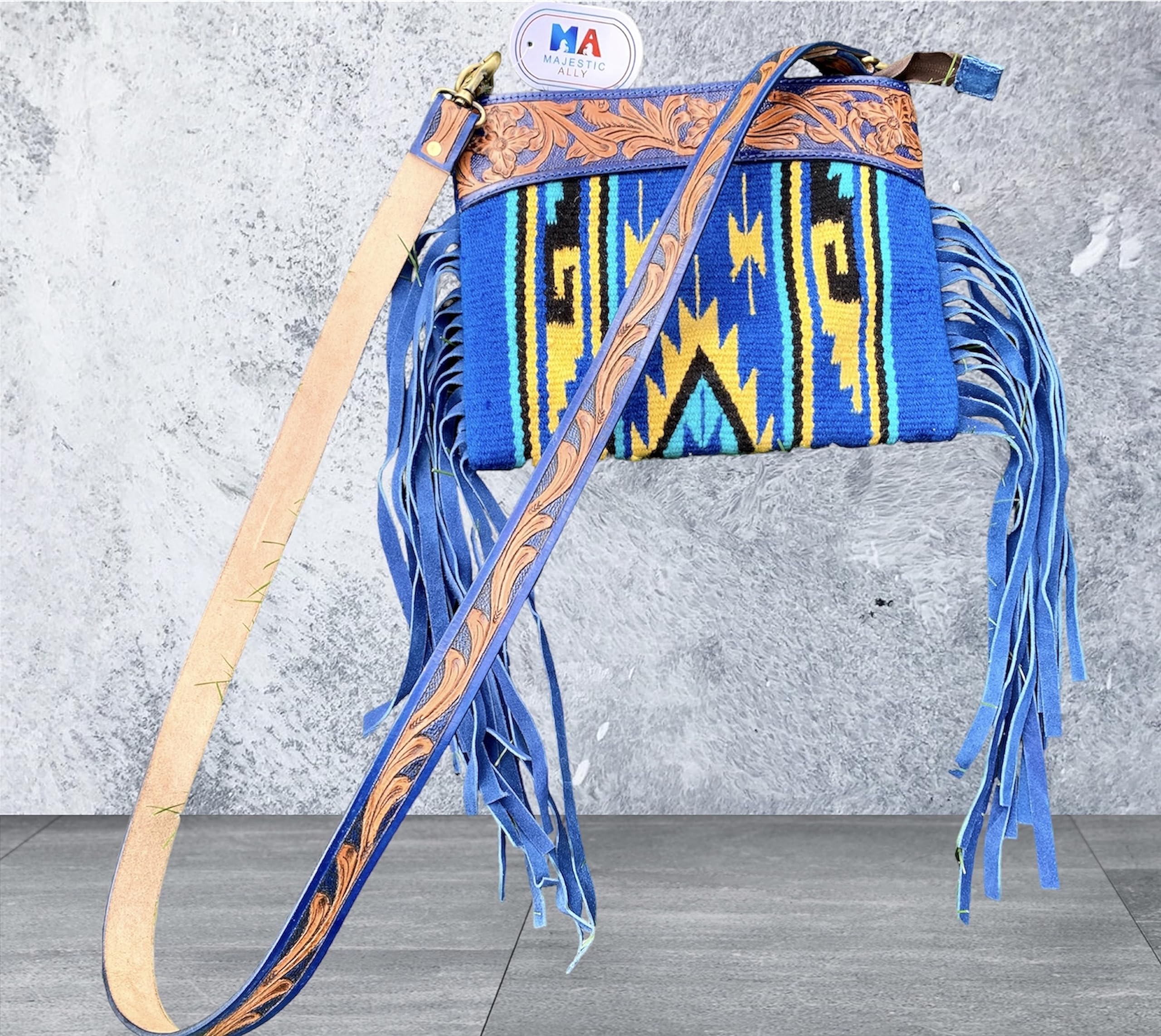 Majestic Ally Hand-Tooled Pure Leather Crossbody Bag, Crafted with Cashmere Wool and Enhanced by Coordinating Leather Fringe - Image 7