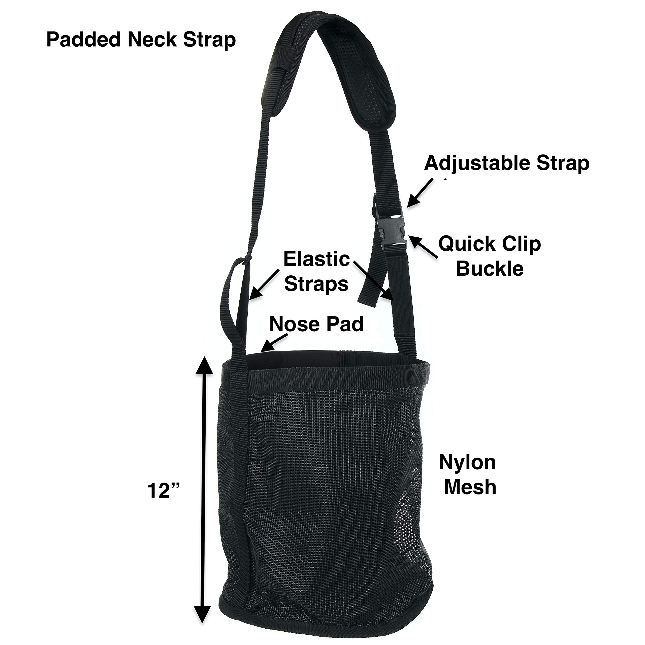 Majestic Ally Horse Feed Bag, Heavy Duty Nylon Mesh Grain Feed Bag, Adjustable Strap with Durable Snap and Elastic Straps, Comfort Neck Pad and Nose Pad- Large (Full, Black) - Image 3