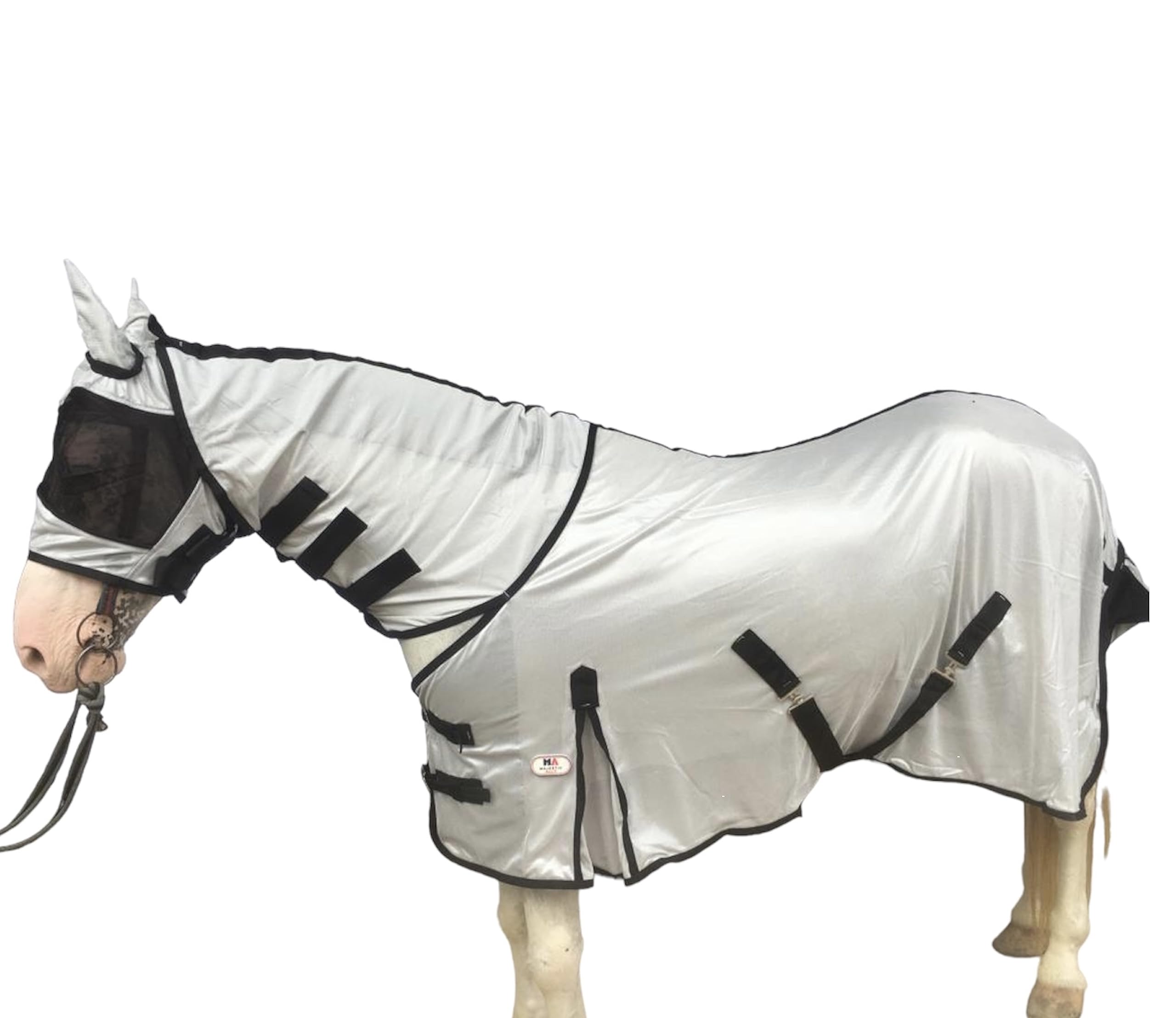Majestic Ally Horse Fly Sheet with Neck Cover and Head Mask, Breathable UV and Bite Equine Protection, Adjustable Body Straps, Boarding or Turnout Accessory, Contoured Fit (Silver, 80 Inch) - Image 4