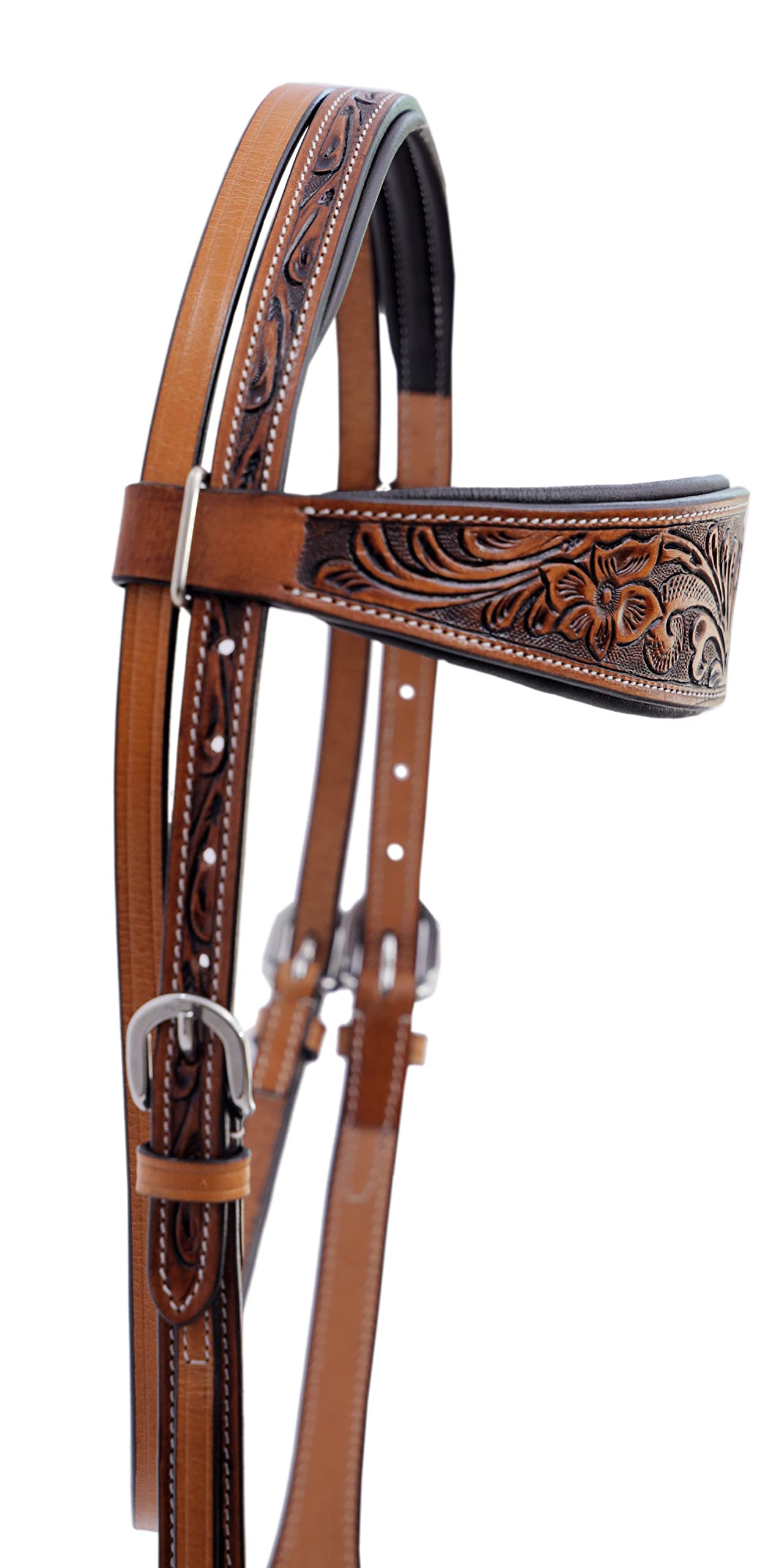 Majestic Ally Horse Headstall, Natural, Super Leather, Antique, Tooling, Quick Bit Change Padded Western Browband Headstall - Image 3