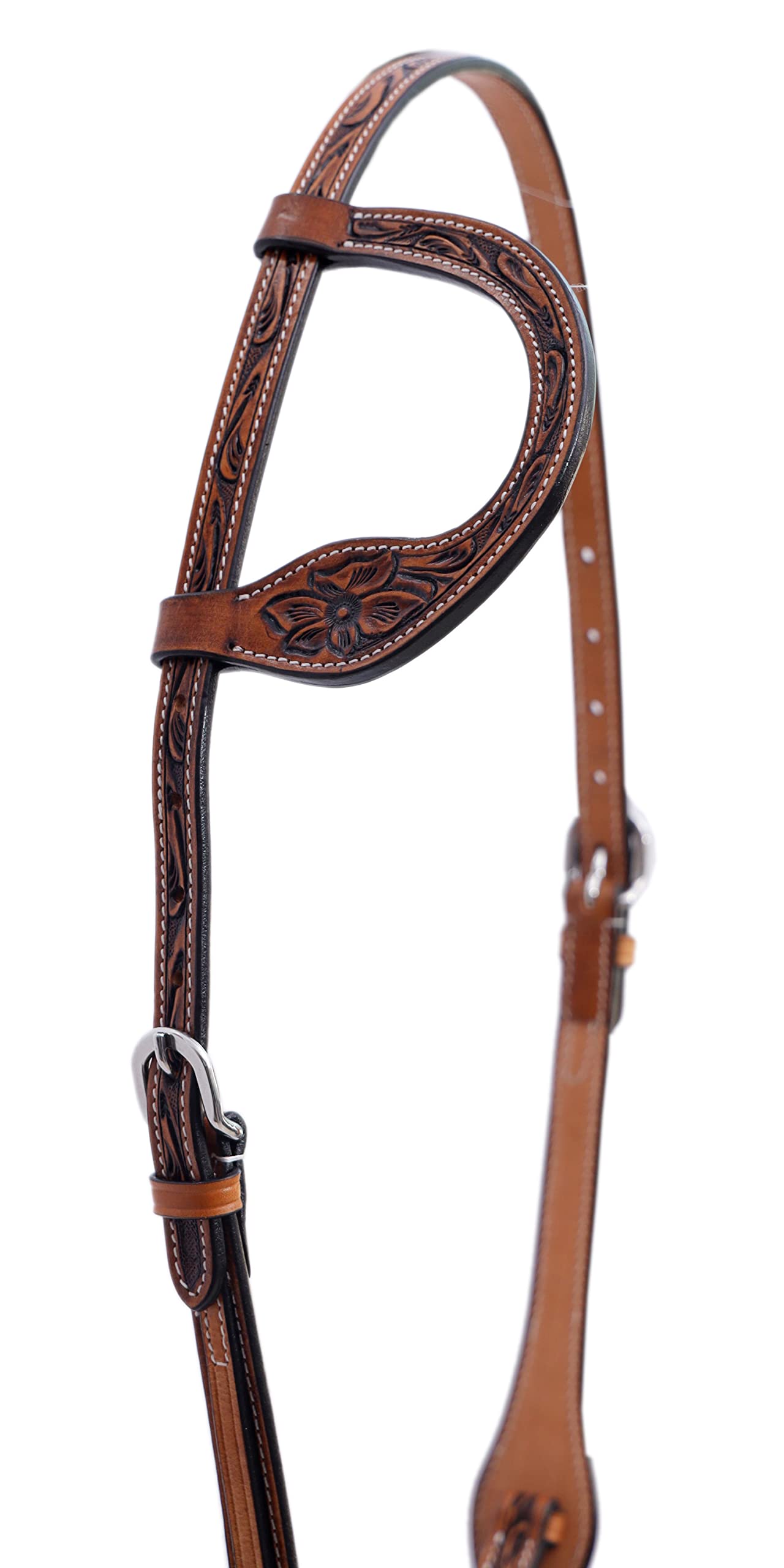 Majestic Ally Horse Headstall, Natural, Super Leather, Antique, Tooling, Quick Bit Change Single Ear Western Headstall - Image 3