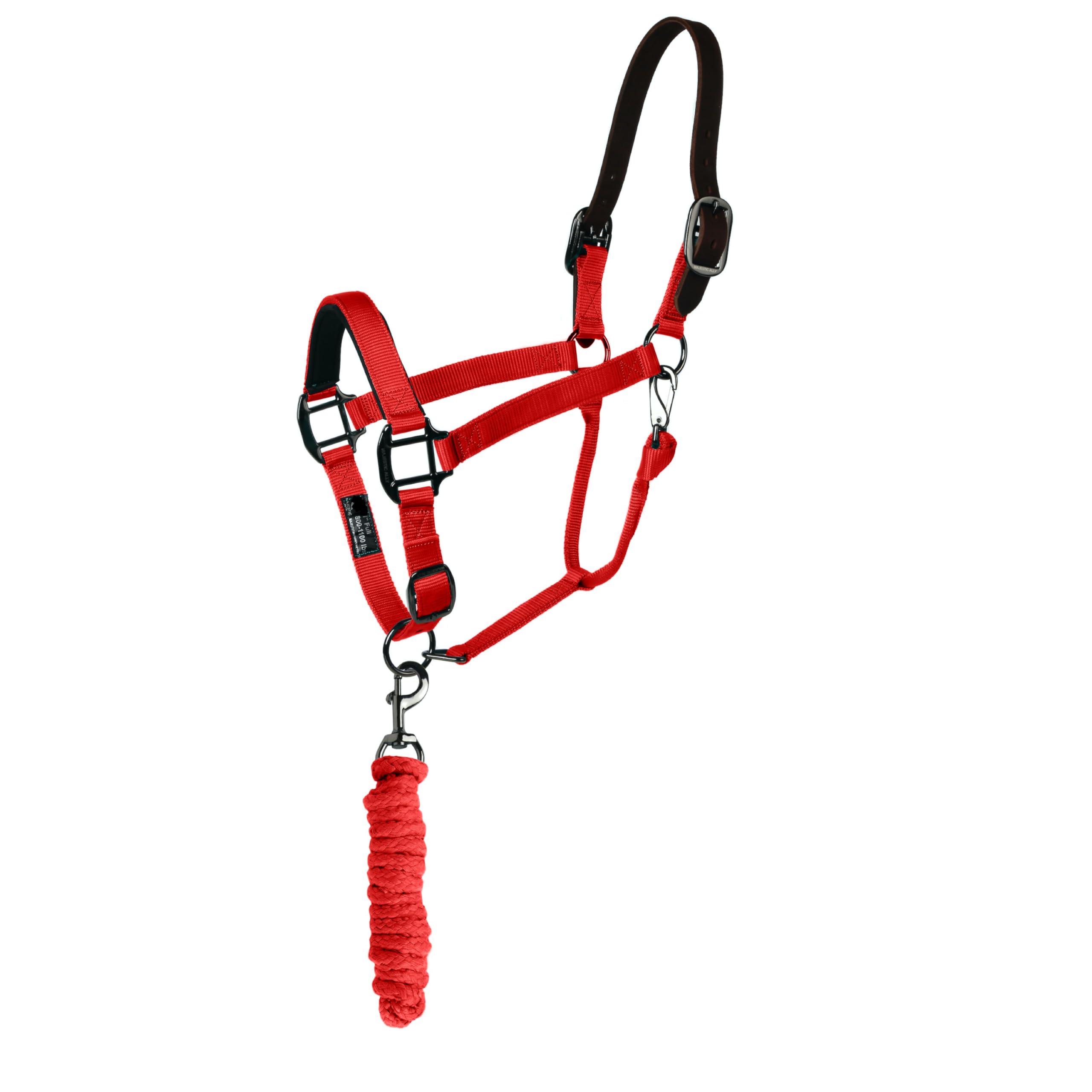 Majestic Ally Leather Halter with Matching Lead Rope for Horses – Leather Breakaway Crown - Adjustable Chin Strap – Rolled Throat Latch – Padded Noseband – Full (Red, Full) - Image 6