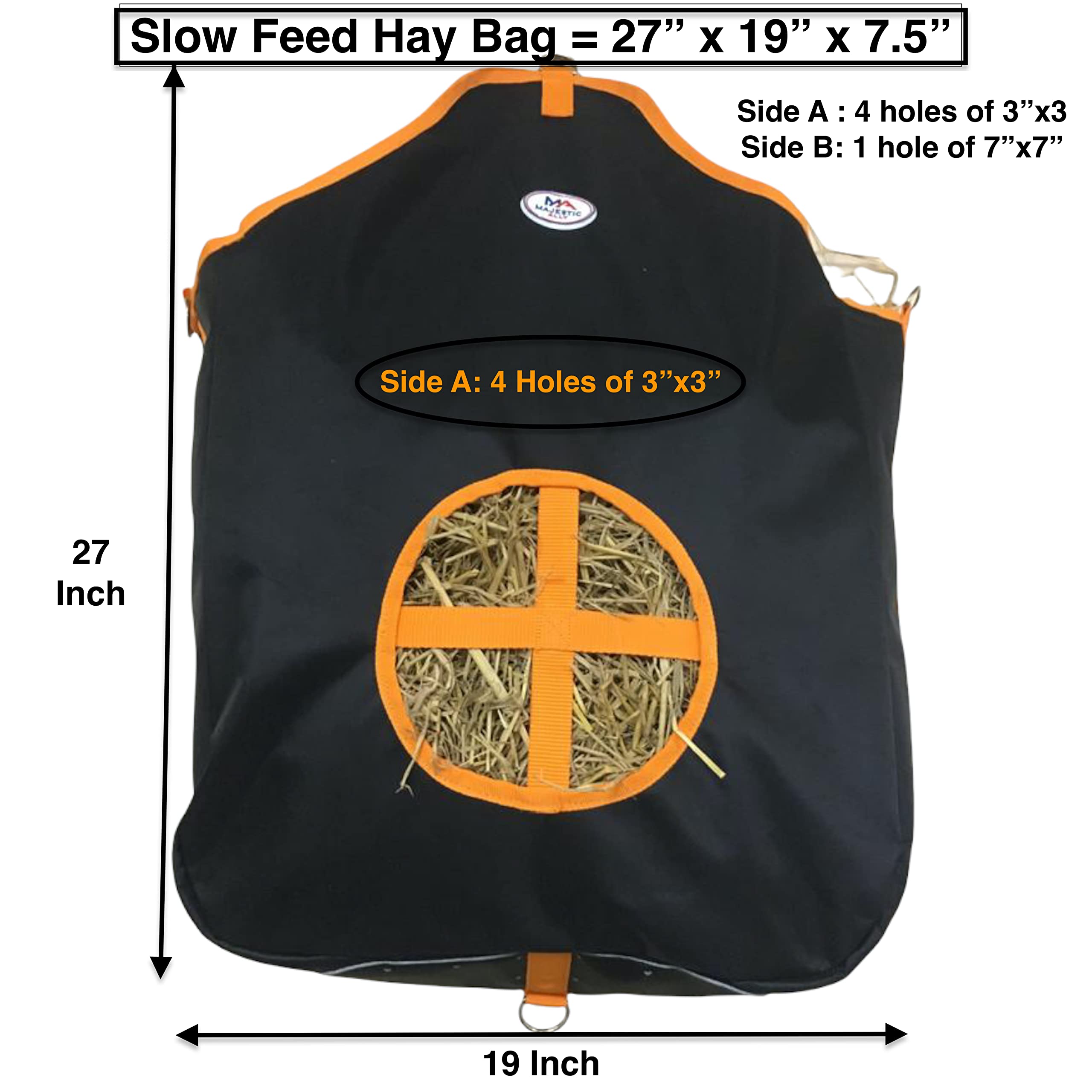 Majestic Ally Nylon Hay Feeder Tote Bag for Horse, Goat, Sheep - Double Sides Open Feed Hole with Faux Leather Ventilated Bottom- Premium Quality -Simulates Grazing - Reduces Waste (Black) - Image 3