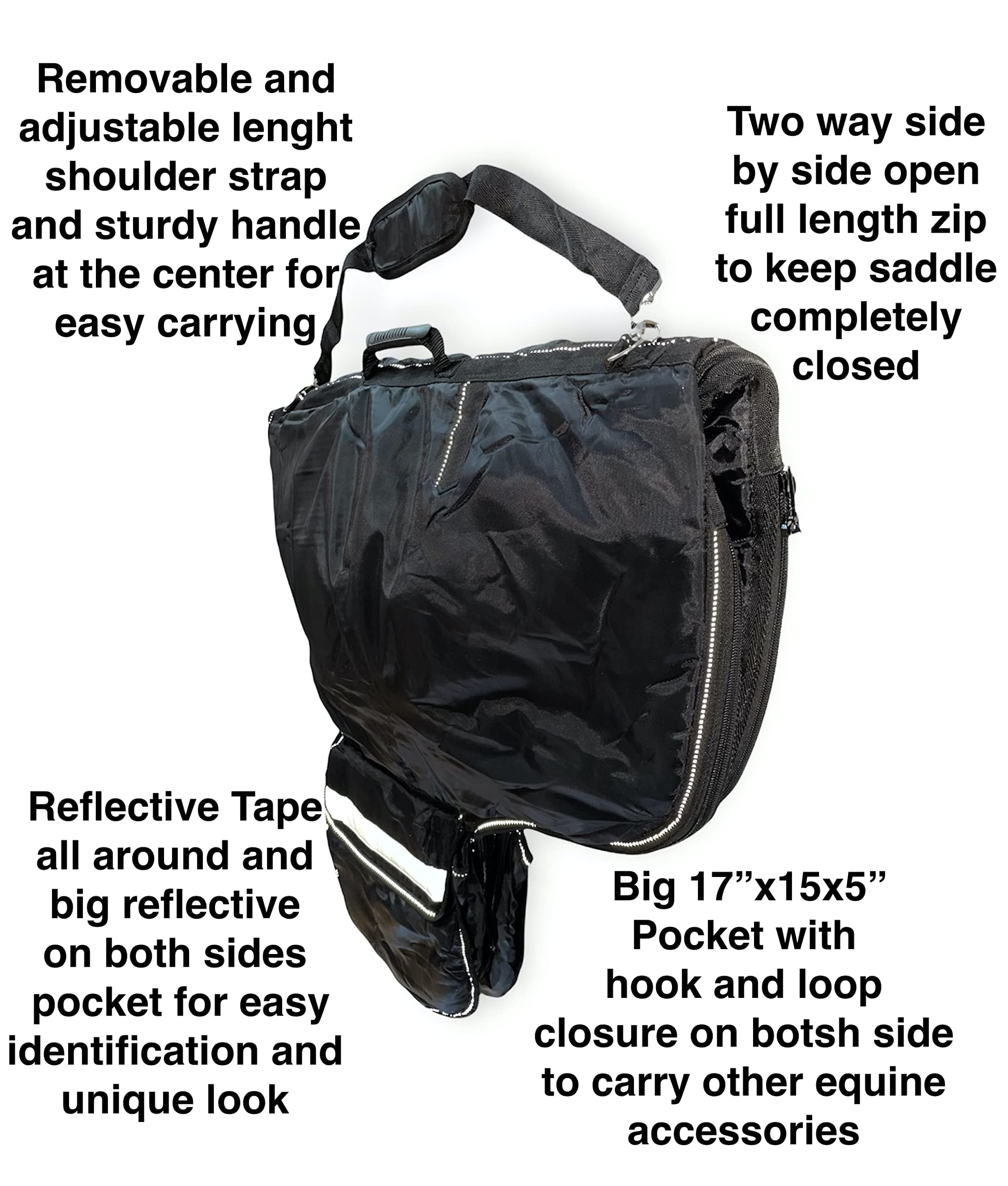 Majestic Ally Nylon Reflective Western Saddle Carry Bag with Large Pockets- Black - Image 3