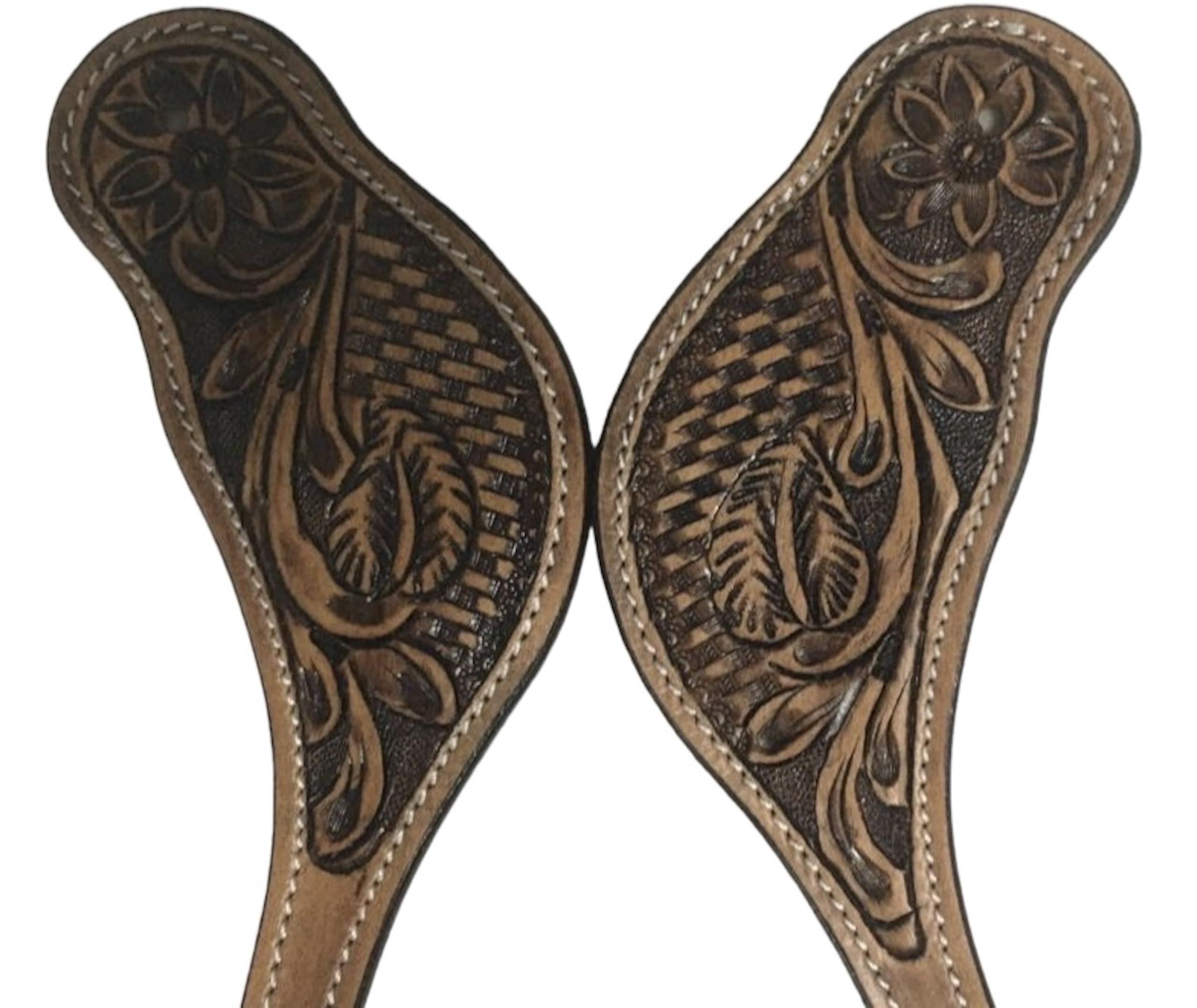 Majestic Ally Western Spur Straps, Genuine Leather, Antique Hand Tooling, Adjustable Stainless Steel Buckle - Image 3