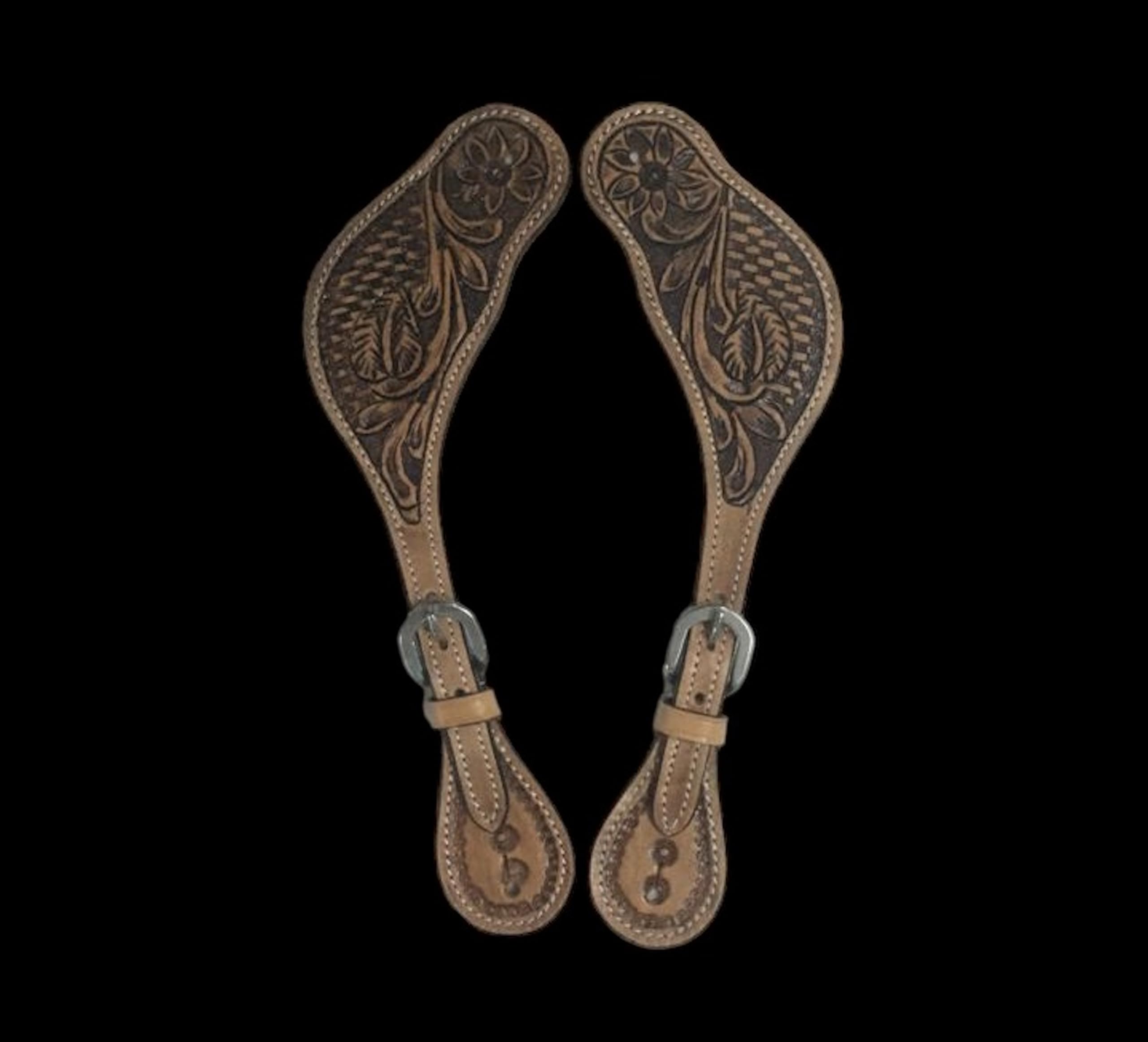 Majestic Ally Western Spur Straps, Genuine Leather, Antique Hand Tooling, Adjustable Stainless Steel Buckle - Image 4