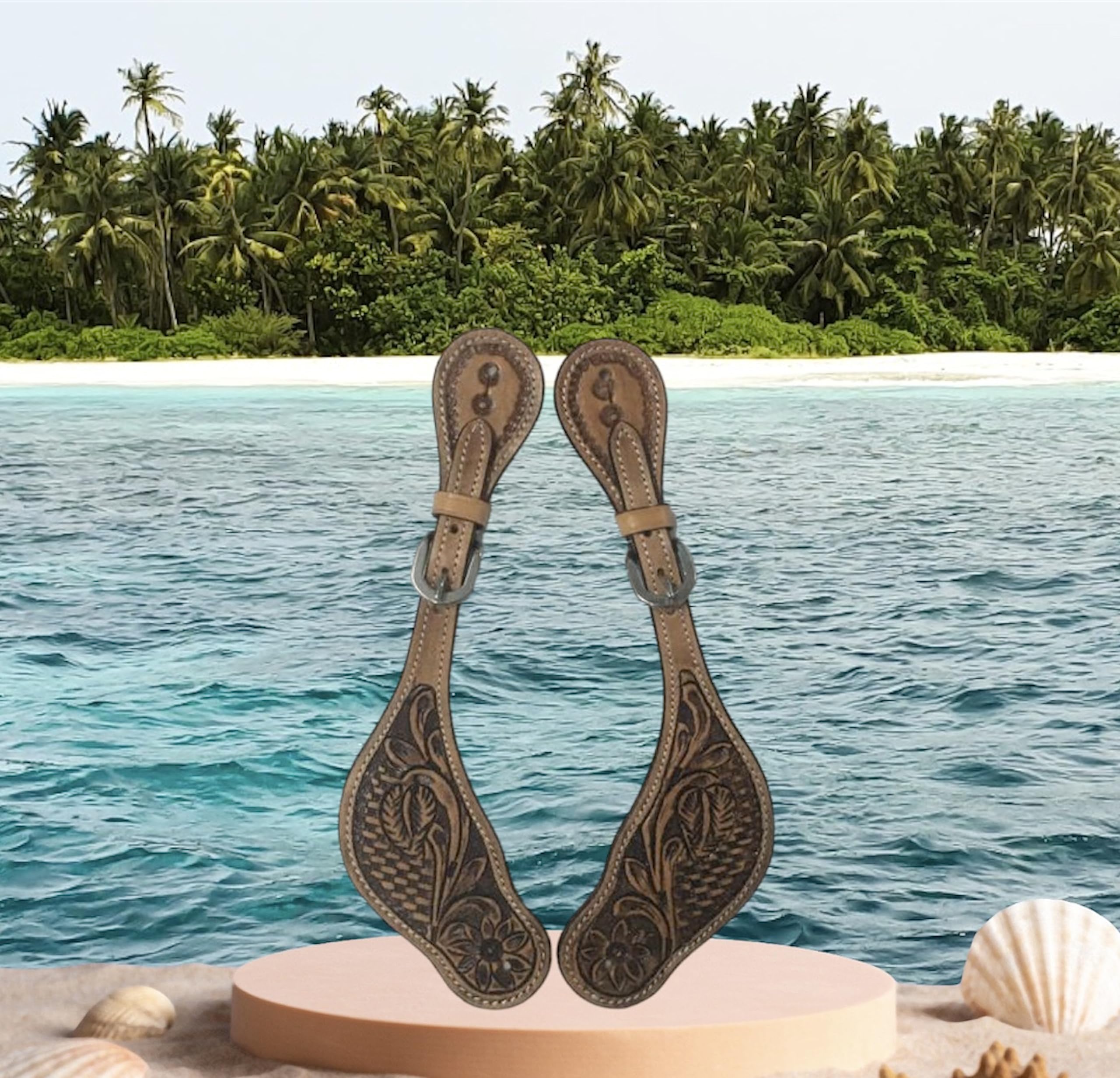 Majestic Ally Western Spur Straps, Genuine Leather, Antique Hand Tooling, Adjustable Stainless Steel Buckle - Image 5