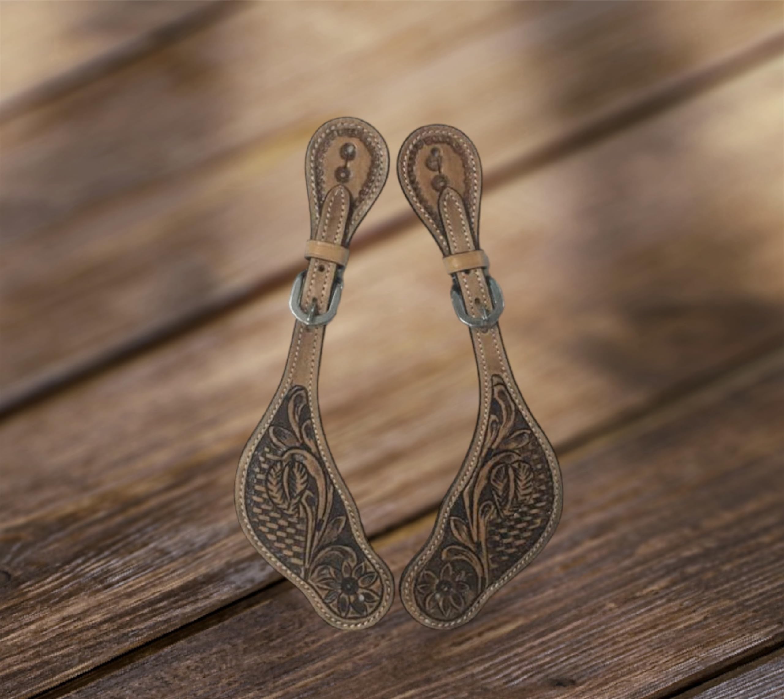 Majestic Ally Western Spur Straps, Genuine Leather, Antique Hand Tooling, Adjustable Stainless Steel Buckle - Image 6