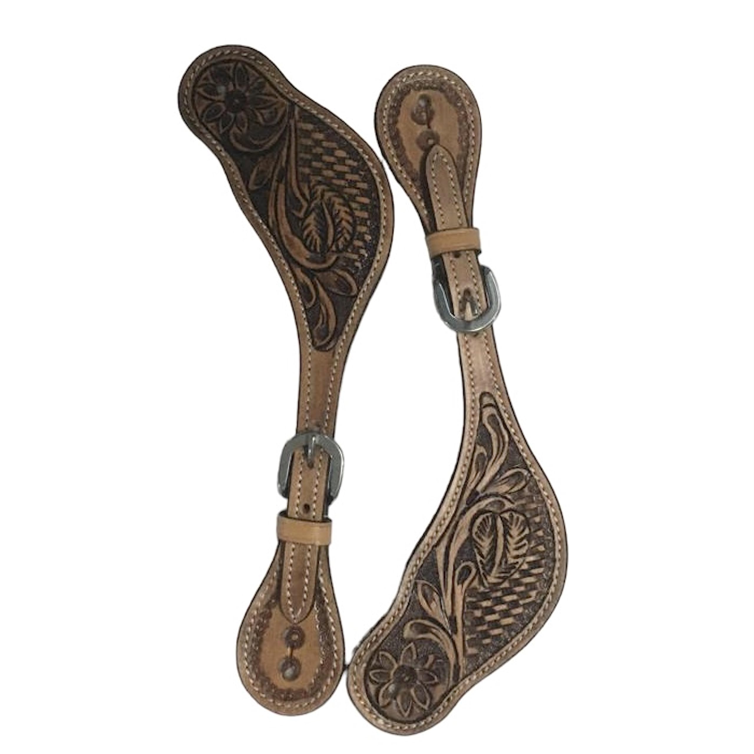 Majestic Ally Western Spur Straps, Genuine Leather, Antique Hand Tooling, Adjustable Stainless Steel Buckle - Image 8