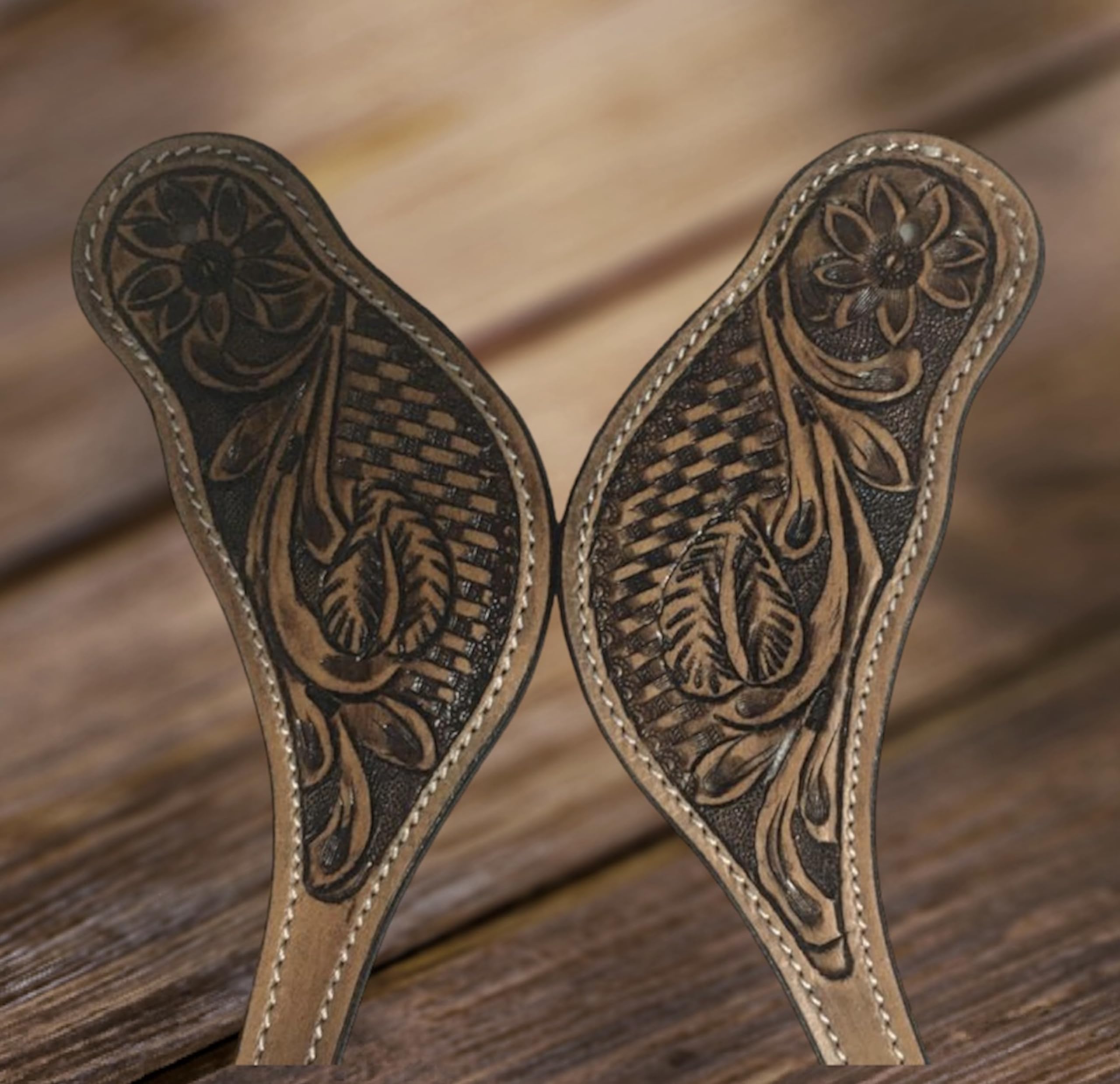 Majestic Ally Western Spur Straps, Genuine Leather, Antique Hand Tooling, Adjustable Stainless Steel Buckle - Image 9